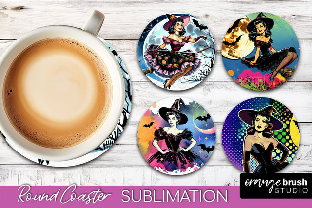 Witch Round Coaster, Retro Halloween Coaster Sublimation PNG Sublimation OrangeBrushStudio 