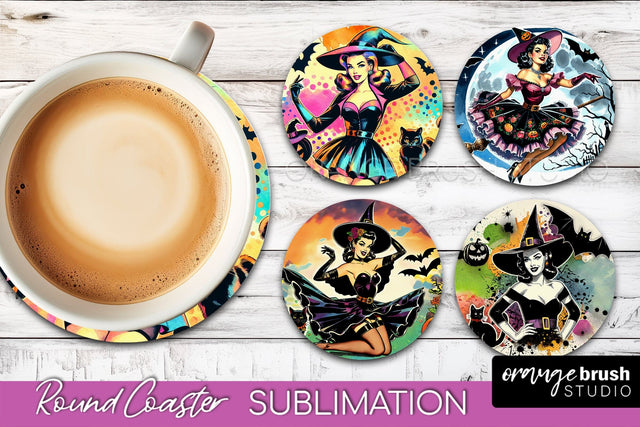 Witch Round Coaster, Retro Halloween Coaster Sublimation PNG Sublimation OrangeBrushStudio 