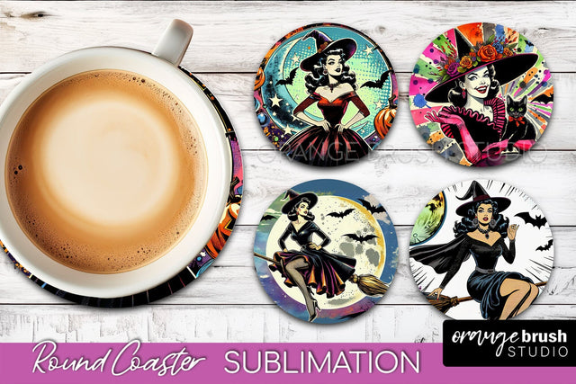 Witch Round Coaster, Retro Halloween Coaster Sublimation PNG Sublimation OrangeBrushStudio 