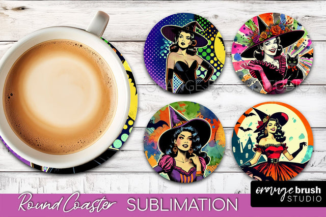 Witch Round Coaster, Retro Halloween Coaster Sublimation PNG Sublimation OrangeBrushStudio 