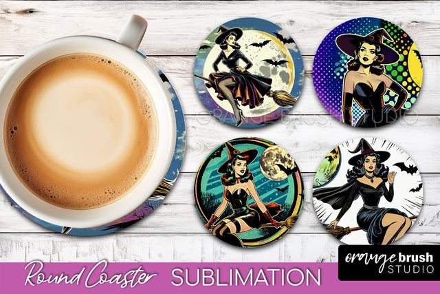 Witch Round Coaster, Retro Halloween Coaster Sublimation PNG Sublimation OrangeBrushStudio 