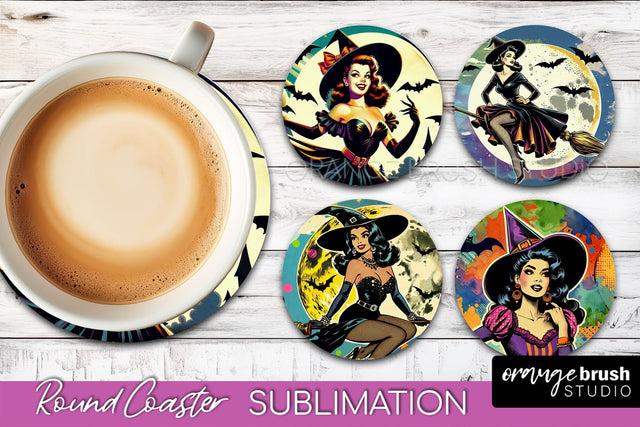 Witch Round Coaster, Retro Halloween Coaster Sublimation PNG Sublimation OrangeBrushStudio 