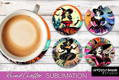 Witch Round Coaster, Retro Halloween Coaster Sublimation PNG Sublimation OrangeBrushStudio 