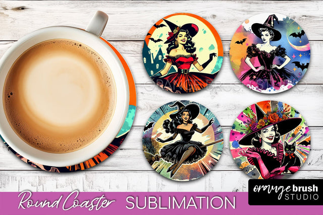 Witch Round Coaster, Retro Halloween Coaster Sublimation PNG Sublimation OrangeBrushStudio 