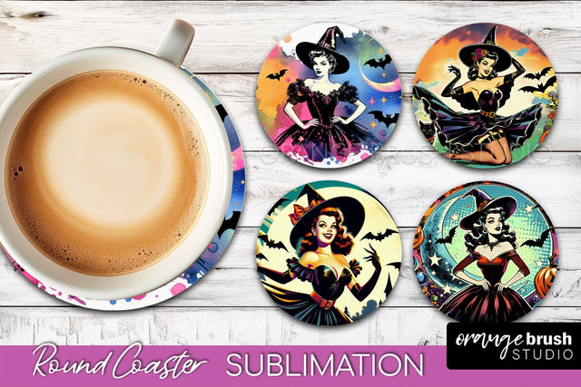 Witch Round Coaster, Retro Halloween Coaster Sublimation PNG Sublimation OrangeBrushStudio 
