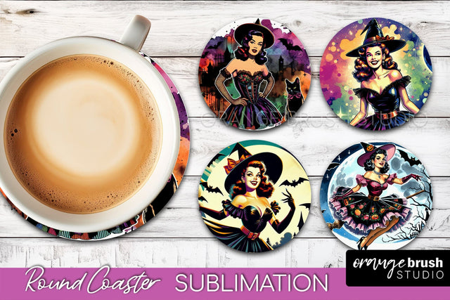 Witch Round Coaster, Retro Halloween Coaster Sublimation PNG Sublimation OrangeBrushStudio 