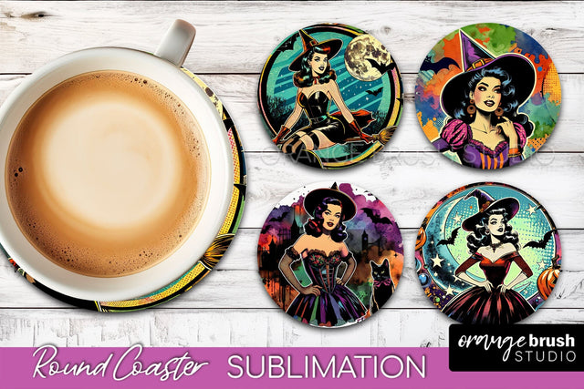 Witch Round Coaster, Retro Halloween Coaster Sublimation PNG Sublimation OrangeBrushStudio 