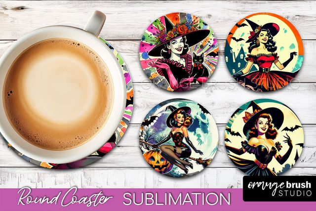 Witch Round Coaster, Retro Halloween Coaster Sublimation PNG Sublimation OrangeBrushStudio 