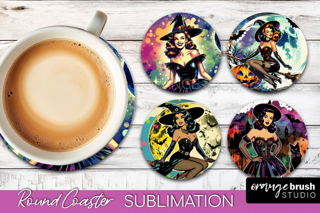 Witch Round Coaster, Retro Halloween Coaster Sublimation PNG Sublimation OrangeBrushStudio 