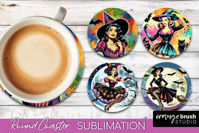 Witch Round Coaster, Retro Halloween Coaster Sublimation PNG Sublimation OrangeBrushStudio 