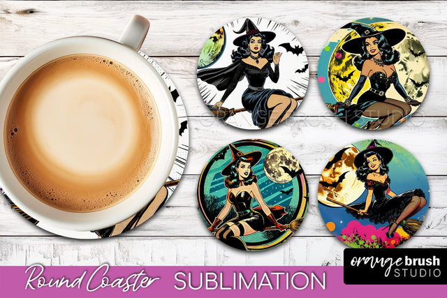 Witch Round Coaster, Retro Halloween Coaster Sublimation PNG Sublimation OrangeBrushStudio 