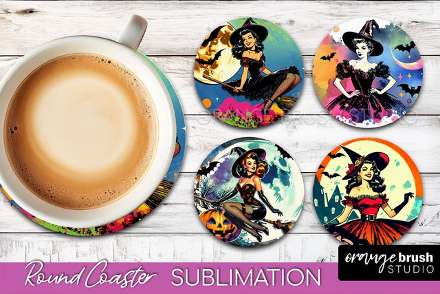 Witch Round Coaster, Retro Halloween Coaster Sublimation PNG Sublimation OrangeBrushStudio 