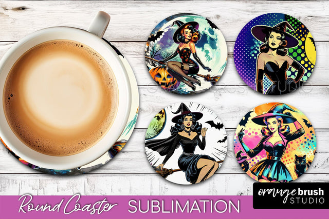 Witch Round Coaster, Retro Halloween Coaster Sublimation PNG Sublimation OrangeBrushStudio 