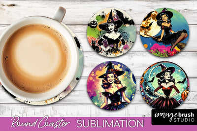 Witch Round Coaster, Retro Halloween Coaster Sublimation PNG Sublimation OrangeBrushStudio 