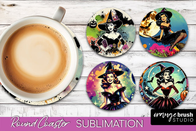 Witch Round Coaster, Retro Halloween Coaster Sublimation PNG Sublimation OrangeBrushStudio 