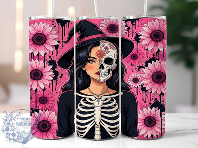 Witch Skull Floral Pink 20oz Tumbler, Witch Skull, Floral Pink, Halloween Design, Dark Glam, 20oz Wrap, Sublimation Tumbler, Whimsical Gothic Sublimation ToriDesigns 