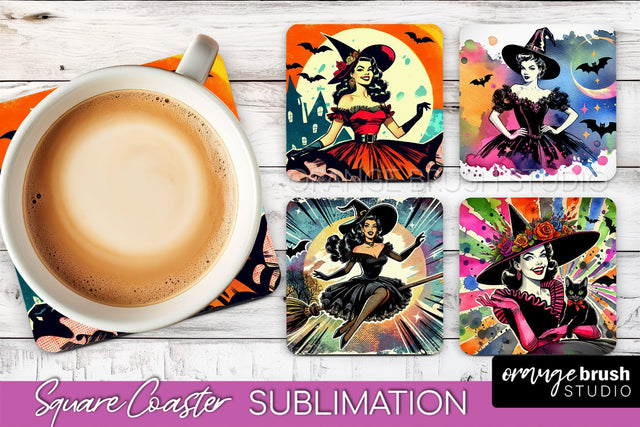 Witch Square Coaster, Retro Halloween Coaster Designs Sublimation OrangeBrushStudio 
