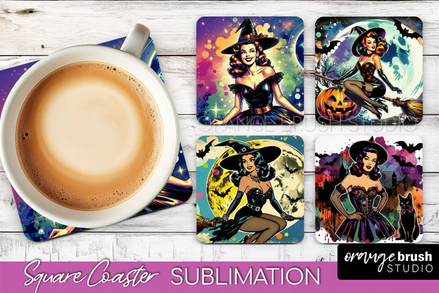 Witch Square Coaster, Retro Halloween Coaster Designs Sublimation OrangeBrushStudio 