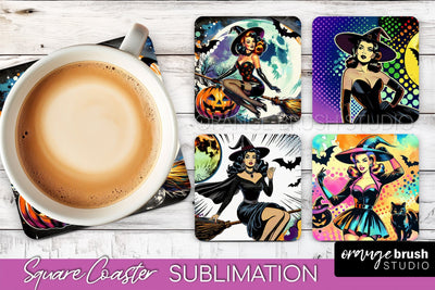 Witch Square Coaster, Retro Halloween Coaster Designs Sublimation OrangeBrushStudio 