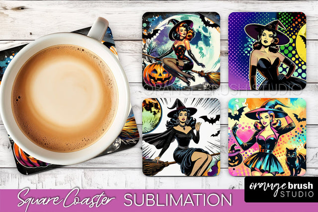 Witch Square Coaster, Retro Halloween Coaster Designs Sublimation OrangeBrushStudio 