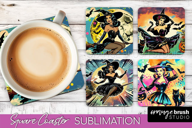 Witch Square Coaster, Retro Halloween Coaster Designs Sublimation OrangeBrushStudio 