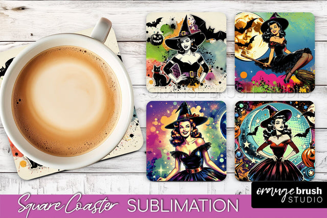 Witch Square Coaster, Retro Halloween Coaster Designs Sublimation OrangeBrushStudio 