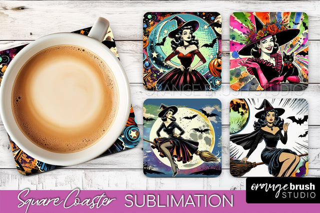 Witch Square Coaster, Retro Halloween Coaster Designs Sublimation OrangeBrushStudio 