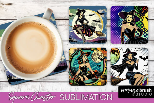 Witch Square Coaster, Retro Halloween Coaster Designs Sublimation OrangeBrushStudio 