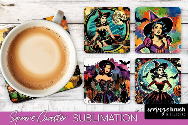 Witch Square Coaster, Retro Halloween Coaster Designs Sublimation OrangeBrushStudio 