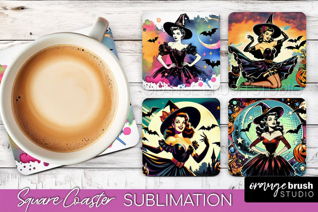 Witch Square Coaster, Retro Halloween Coaster Designs Sublimation OrangeBrushStudio 