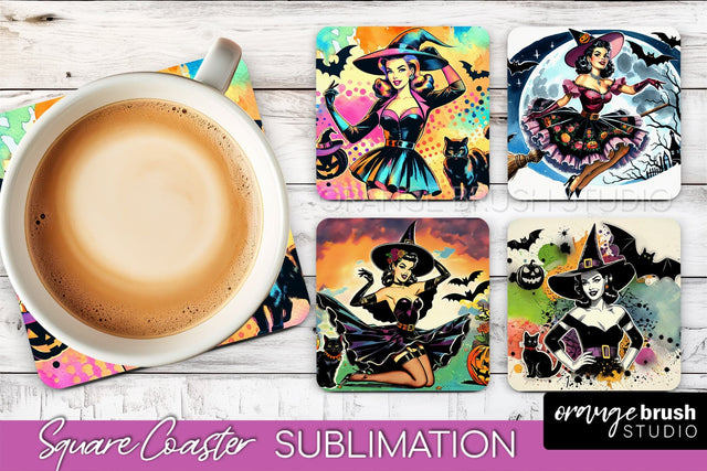 Witch Square Coaster, Retro Halloween Coaster Designs Sublimation OrangeBrushStudio 