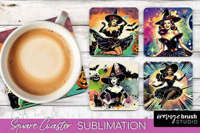 Witch Square Coaster, Retro Halloween Coaster Designs Sublimation OrangeBrushStudio 