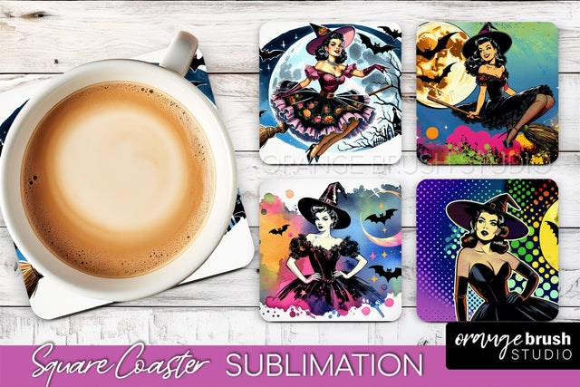 Witch Square Coaster, Retro Halloween Coaster Designs Sublimation OrangeBrushStudio 