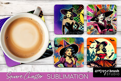 Witch Square Coaster, Retro Halloween Coaster Designs Sublimation OrangeBrushStudio 