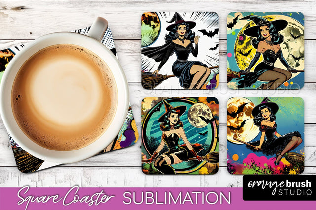 Witch Square Coaster, Retro Halloween Coaster Designs Sublimation OrangeBrushStudio 