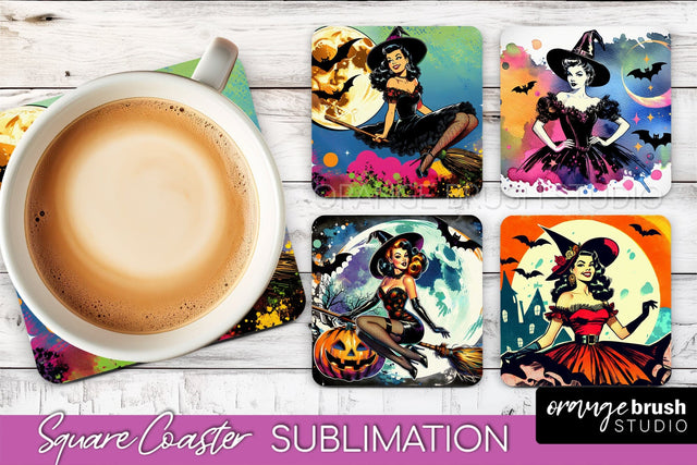Witch Square Coaster, Retro Halloween Coaster Designs Sublimation OrangeBrushStudio 