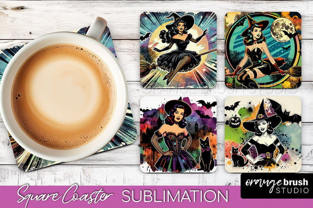 Witch Square Coaster, Retro Halloween Coaster Designs Sublimation OrangeBrushStudio 