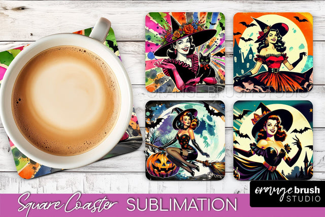 Witch Square Coaster, Retro Halloween Coaster Designs Sublimation OrangeBrushStudio 