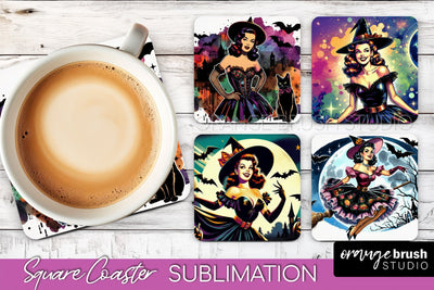 Witch Square Coaster, Retro Halloween Coaster Designs Sublimation OrangeBrushStudio 