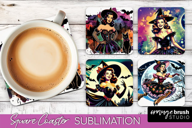 Witch Square Coaster, Retro Halloween Coaster Designs Sublimation OrangeBrushStudio 