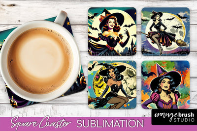 Witch Square Coaster, Retro Halloween Coaster Designs Sublimation OrangeBrushStudio 