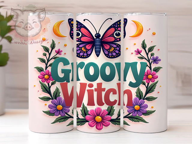 Witch Tumbler, Glitter Tumbler, Retro Design, Sublimation Wrap, 20oz Tumbler, Halloween Decor, Groovy Witch Sublimation Lara' s Designs 