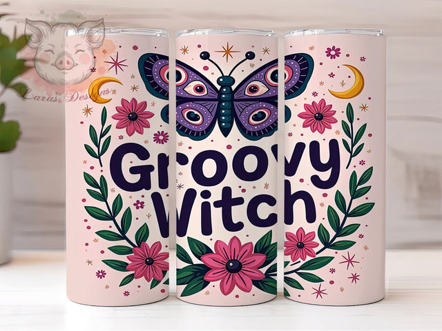 Witch Tumbler, Glitter Tumbler, Retro Design, Sublimation Wrap, 20oz Tumbler, Halloween Decor, Groovy Witch Sublimation Lara' s Designs 