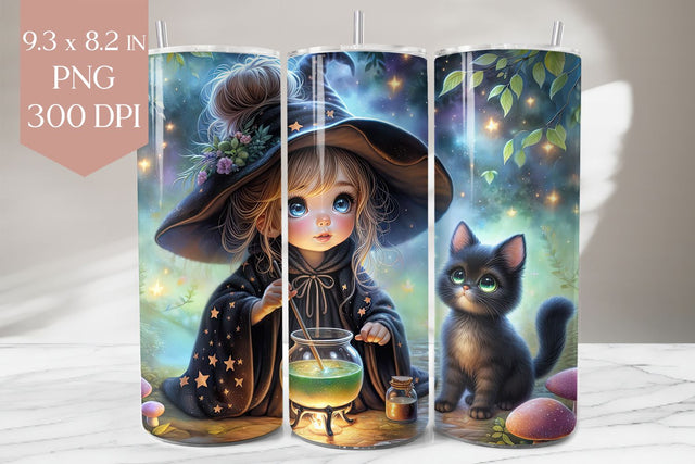 Witch tumbler wrap, magical girl and black cat PNG Sublimation BijouBay 