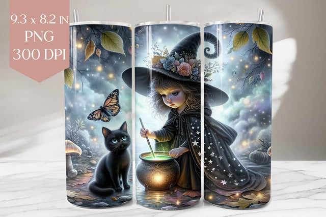 Witch Tumbler Wrap PNG, Cauldron Black Cat Design Sublimation BijouBay 