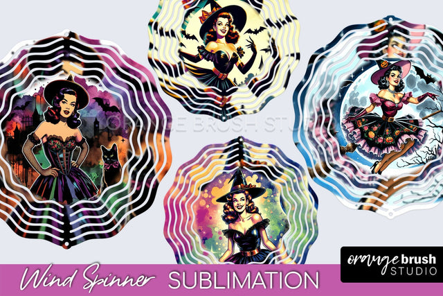 Witch Wind Spinner, Retro Halloween Wind Spinner PNG Designs Sublimation OrangeBrushStudio 