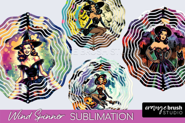 Witch Wind Spinner, Retro Halloween Wind Spinner PNG Designs Sublimation OrangeBrushStudio 