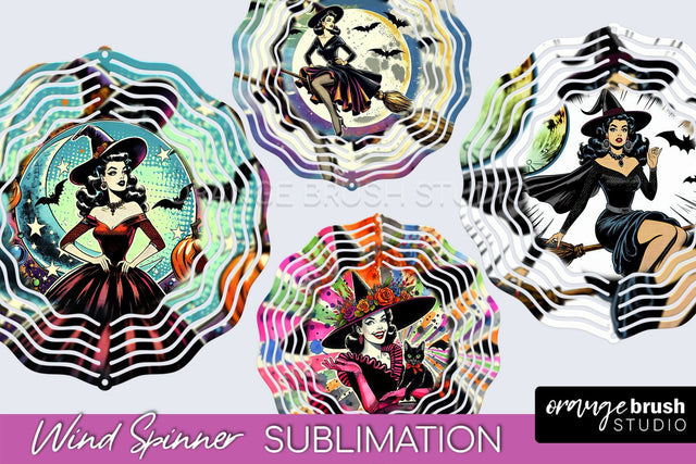 Witch Wind Spinner, Retro Halloween Wind Spinner PNG Designs Sublimation OrangeBrushStudio 