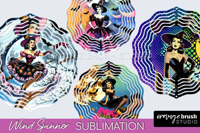 Witch Wind Spinner, Retro Halloween Wind Spinner PNG Designs Sublimation OrangeBrushStudio 