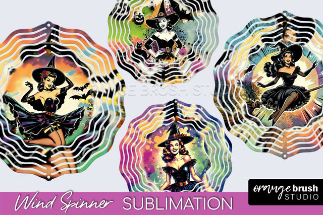 Witch Wind Spinner, Retro Halloween Wind Spinner PNG Designs Sublimation OrangeBrushStudio 
